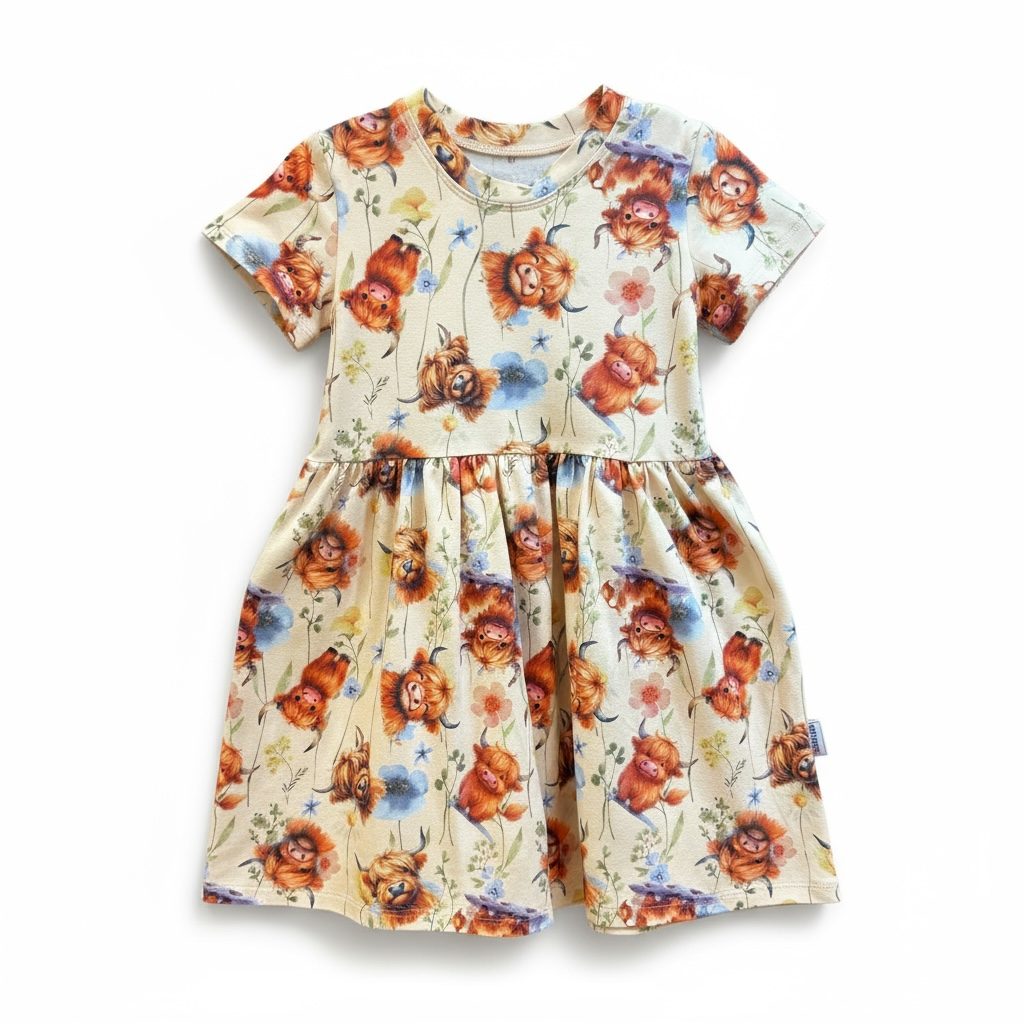 Highland Cow Print Short Sleeve Play Date Dress Stretch Knit Organic Cotton