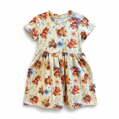 Highland Cow Print Short Sleeve Play Date Dress Stretch Knit Organic Cotton