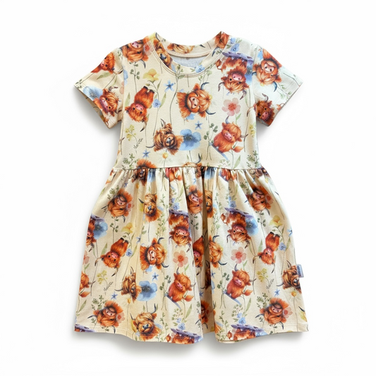 Highland Cow Print Short Sleeve Play Date Dress Stretch Knit Organic Cotton