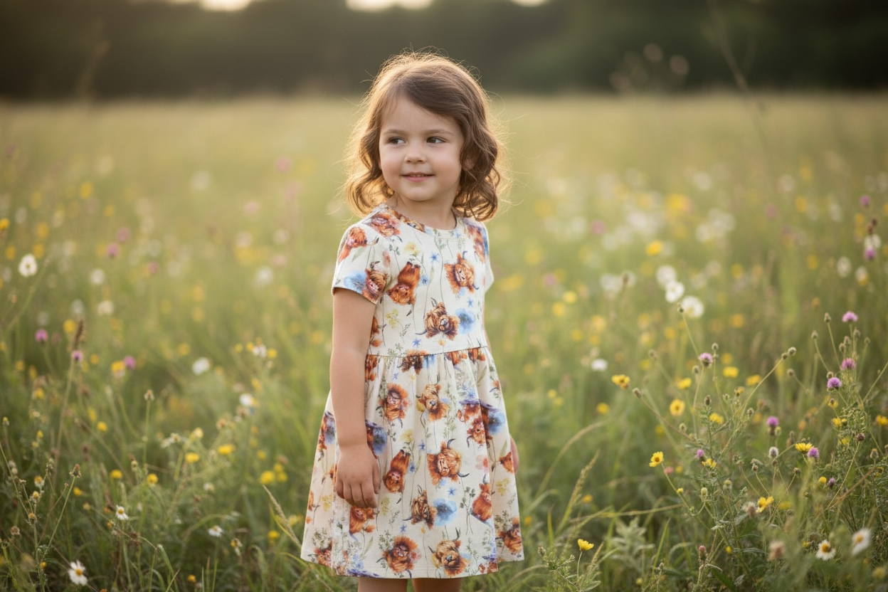 Highland Cow Print Short Sleeve Play Date Dress Stretch Knit Organic Cotton