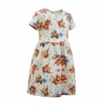 Highland Cow Print Short Sleeve Play Date Dress Stretch Knit Organic Cotton