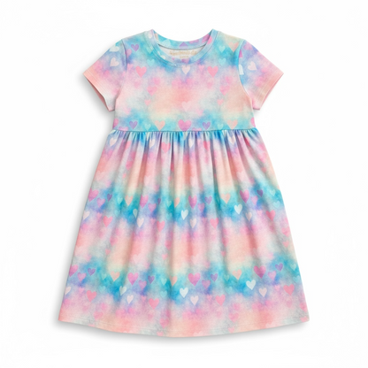Pink and Blue Hearts Gathered Short Sleeve Play Date Dress Stretch Knit