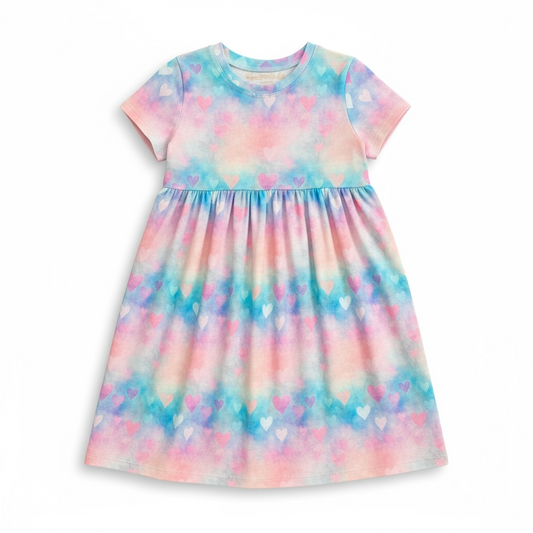 Pink and Blue Hearts Gathered Short Sleeve Play Date Dress Stretch Knit