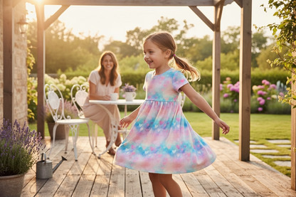 Pink and Blue Hearts Gathered Short Sleeve Play Date Dress Stretch Knit
