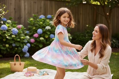 Pink and Blue Hearts Gathered Short Sleeve Play Date Dress Stretch Knit