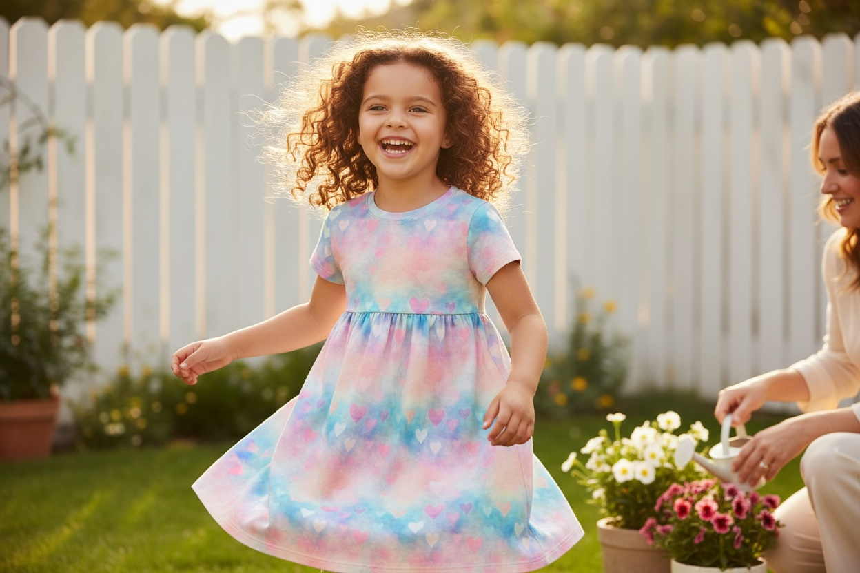 Pink and Blue Hearts Gathered Short Sleeve Play Date Dress Stretch Knit