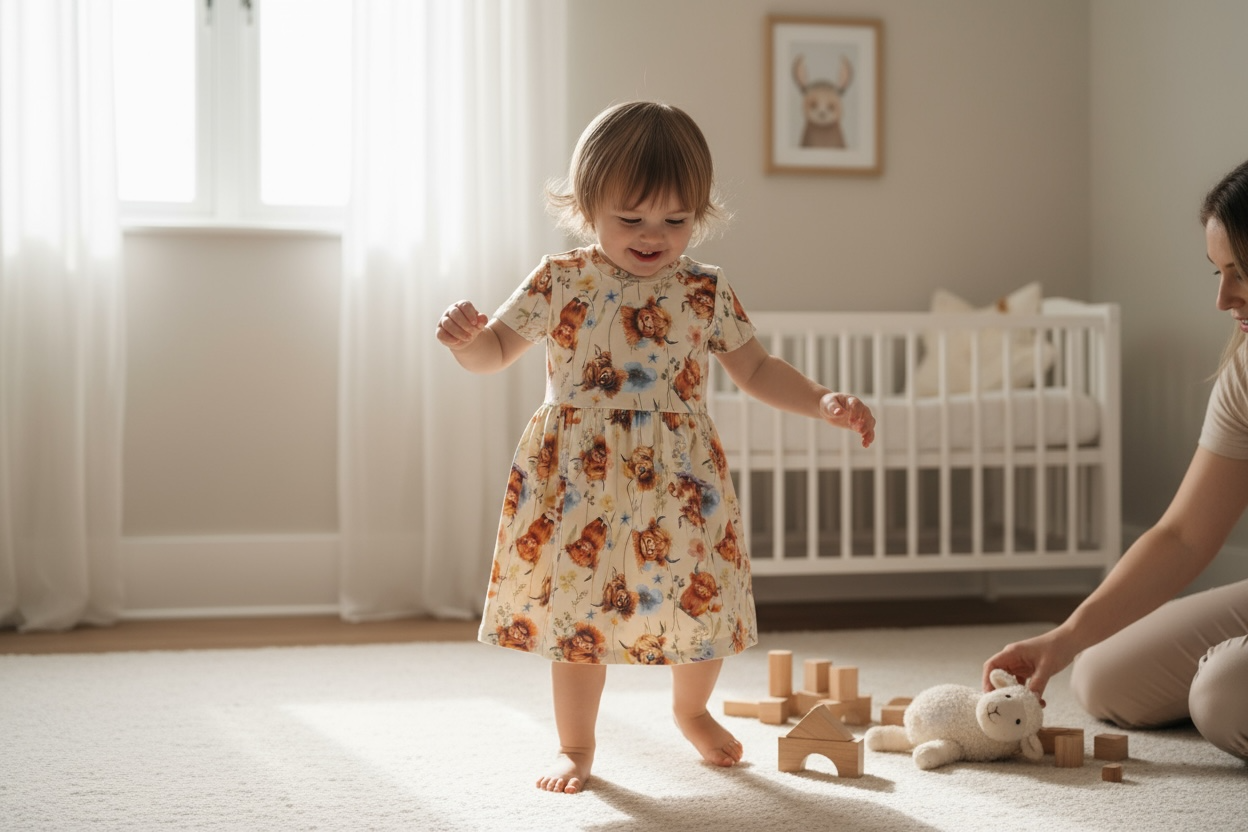 Highland Cow Print Short Sleeve Play Date Dress Stretch Knit Organic Cotton