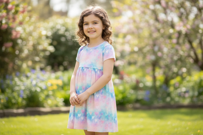 Pink and Blue Hearts Gathered Short Sleeve Play Date Dress Stretch Knit