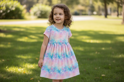 Pink and Blue Hearts Gathered Short Sleeve Play Date Dress Stretch Knit