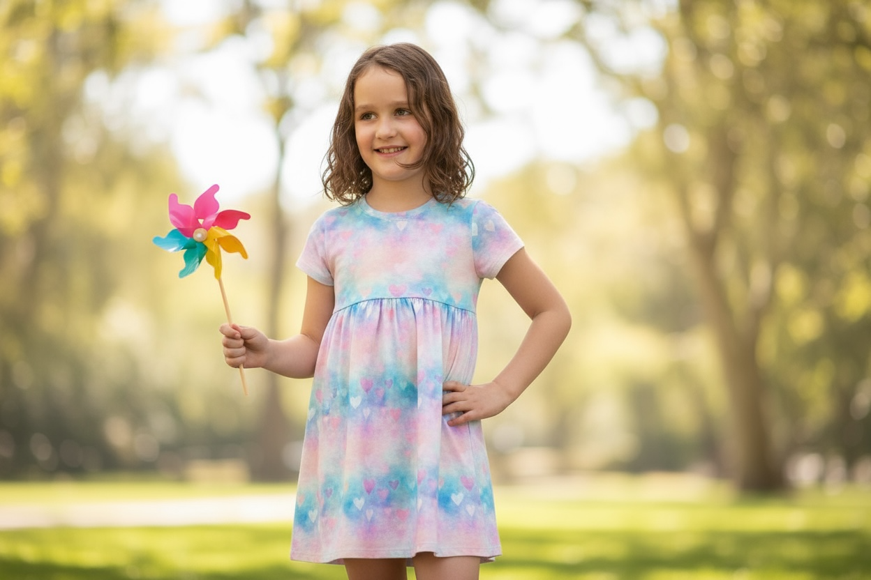 Pink and Blue Hearts Gathered Short Sleeve Play Date Dress Stretch Knit