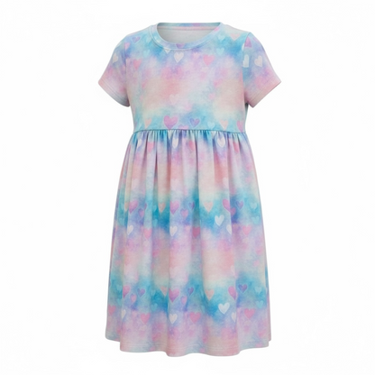 Pink and Blue Hearts Gathered Short Sleeve Play Date Dress Stretch Knit