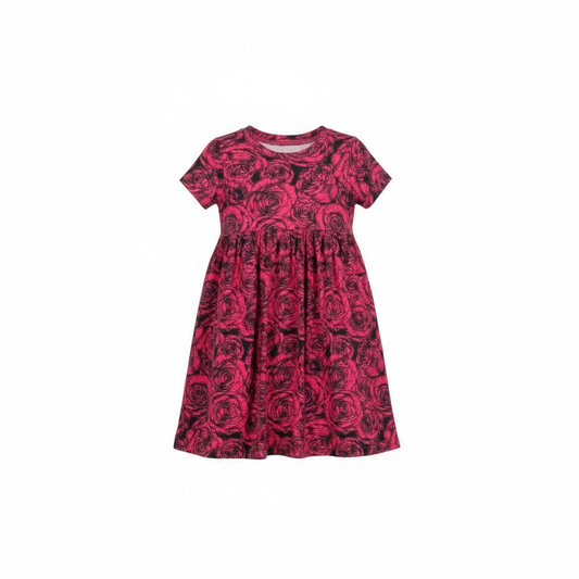 Magenta Floral Print Short Sleeve Play Date Dress Stretch Knit