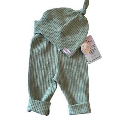 Sage Green Waffle Knit Lounge Pants with Top Knot Hat