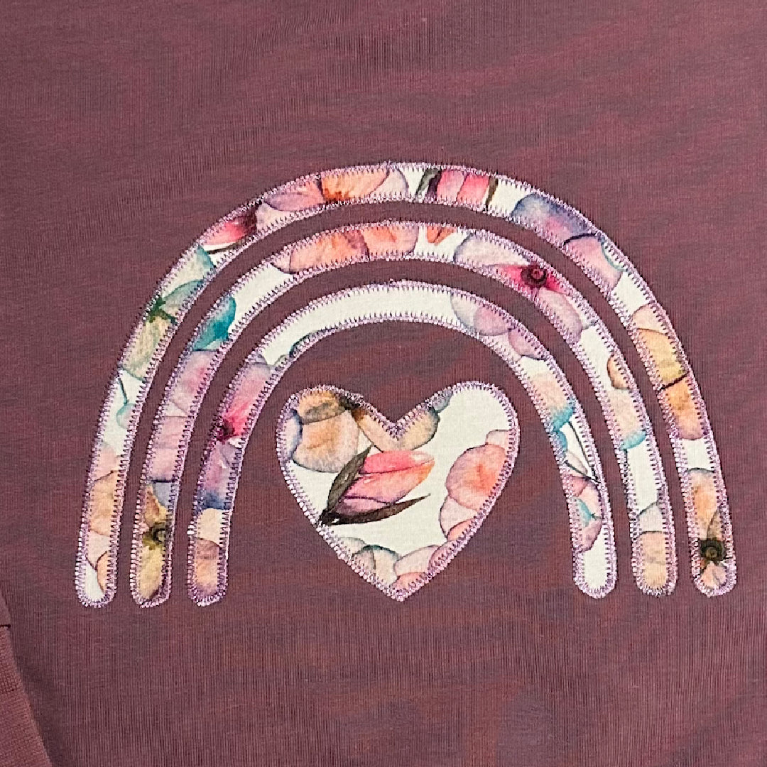 Sudadera con apliques de arcoíris y corazón morado, camisa de estar por casa Dolman de forro polar
