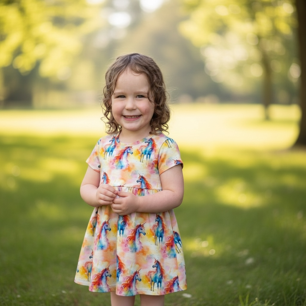 Unicorn Print Short Sleeve Play Date Dress Stretch Knit