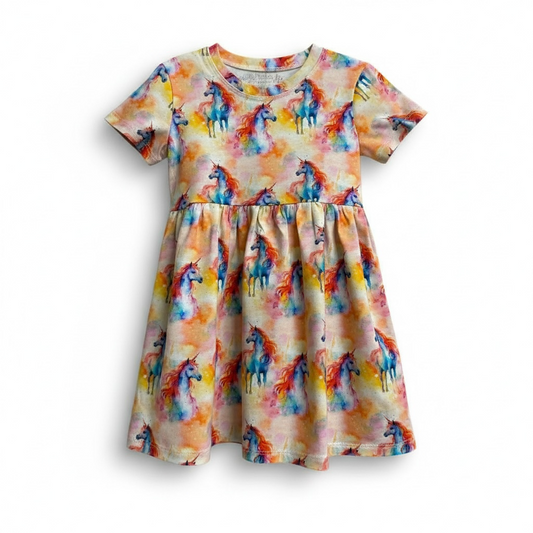 Unicorn Print Short Sleeve Play Date Dress Stretch Knit
