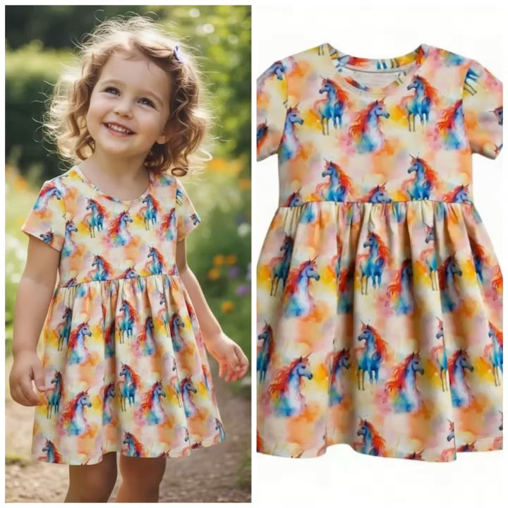Unicorn Print Short Sleeve Play Date Dress Stretch Knit