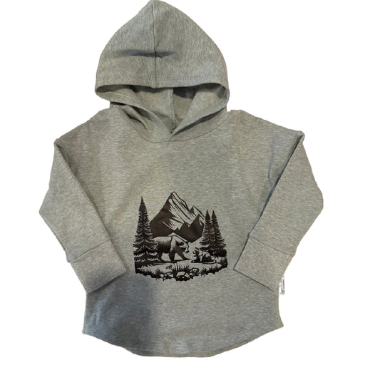 CLEARANCE Bear AND Mountains Graphic House Design on Heathered Teal Hooded T-shirt