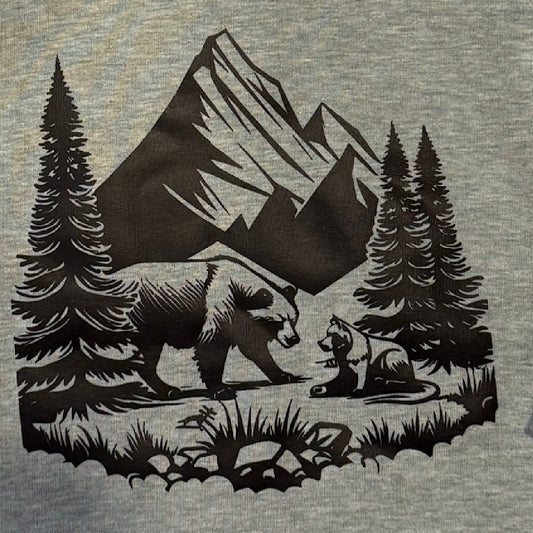 CLEARANCE Bear AND Mountains Graphic House Design on Heathered Teal Hooded T-shirt