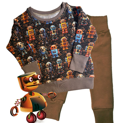 Brown ROBOT Print Crew Neck Dolman Lounge Shirt