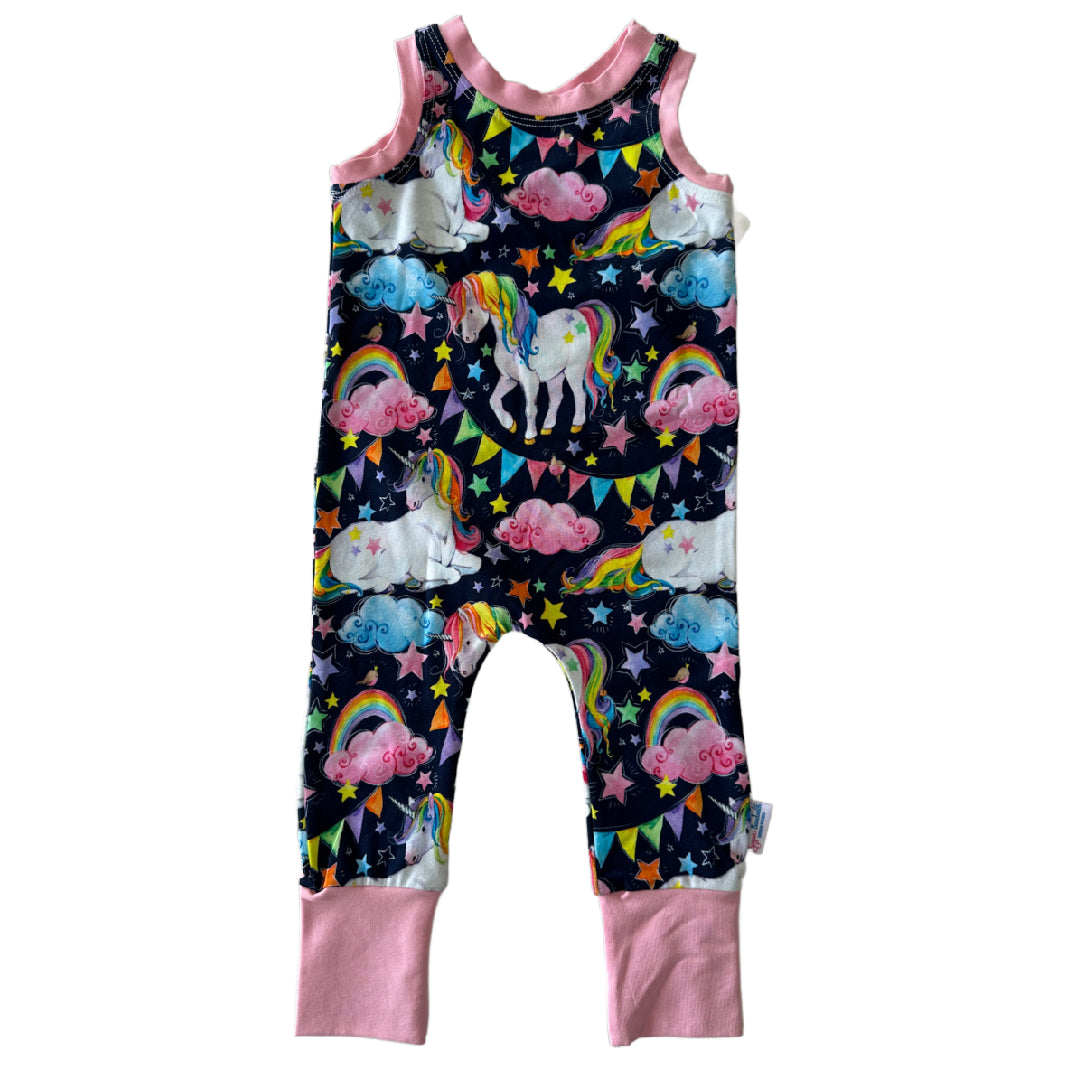 CLEARANCE Blue Unicorn Snap-free Harem Rompers