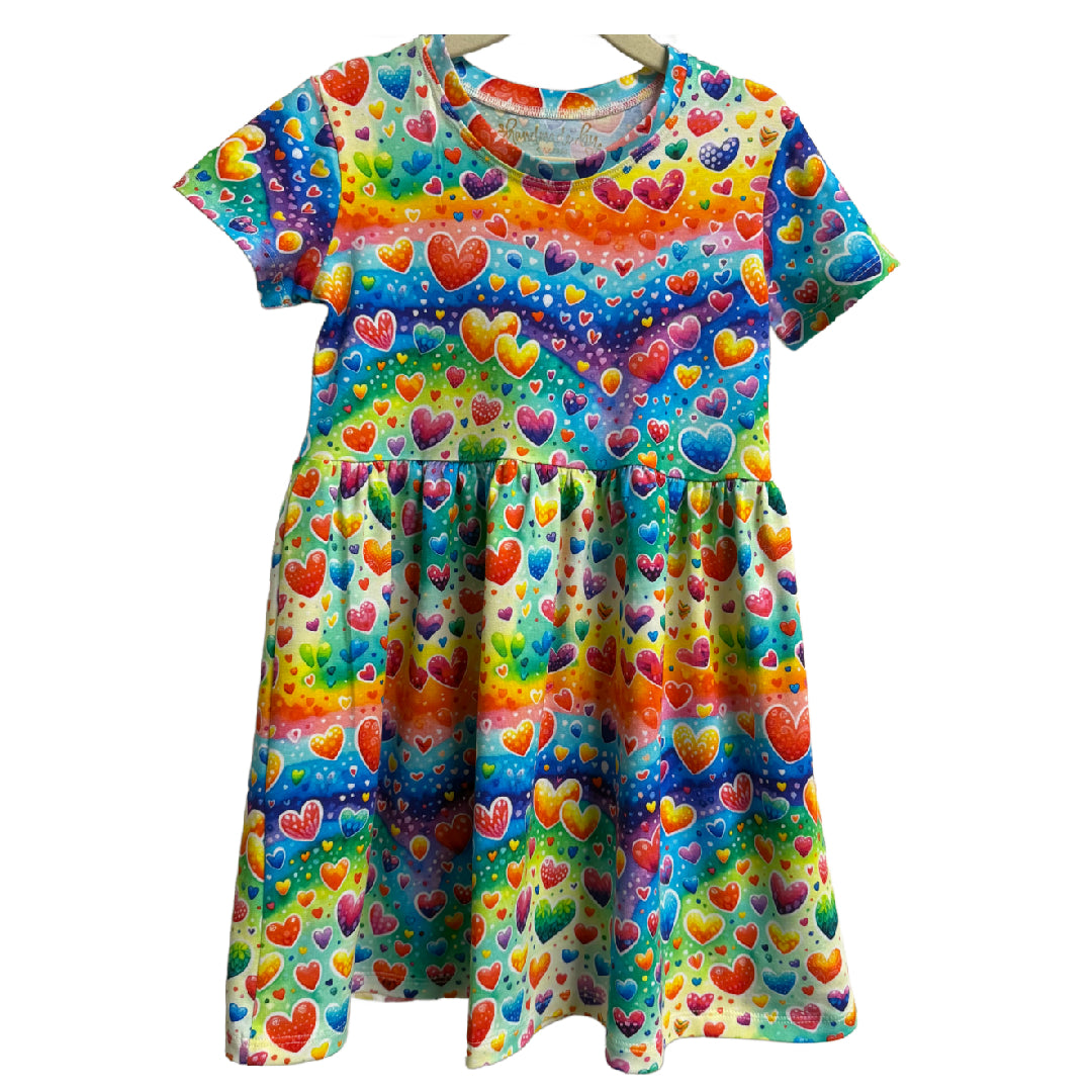 Rainbow Hearts Print Short Sleeve Play Date Dress Stretch Knit