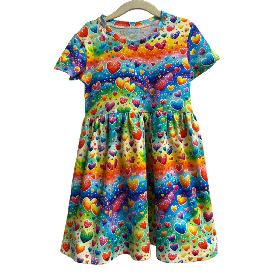 Rainbow Hearts Print Short Sleeve Play Date Dress Stretch Knit
