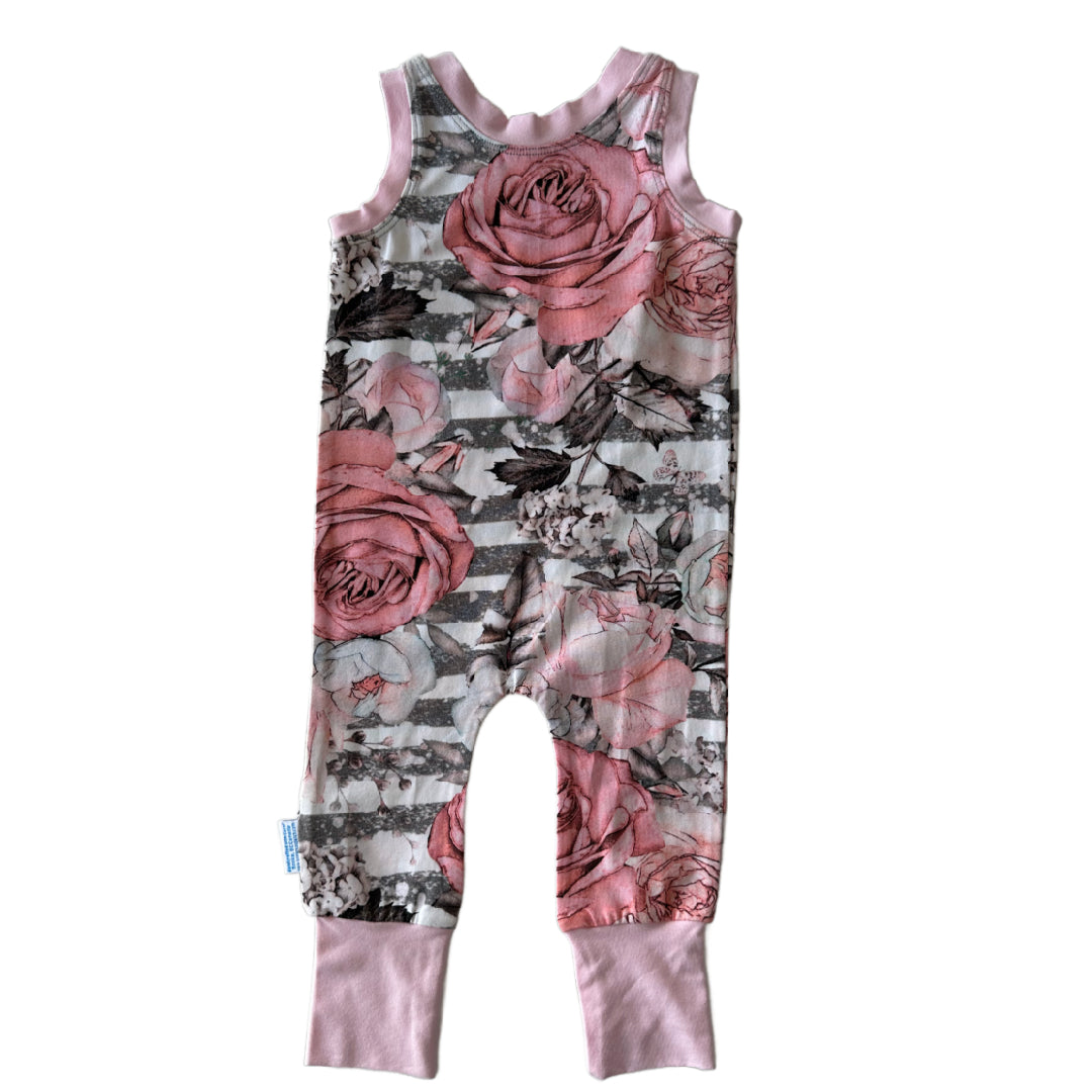 CLEARANCE Pink Floral Stripe Snap-free Harem Rompers