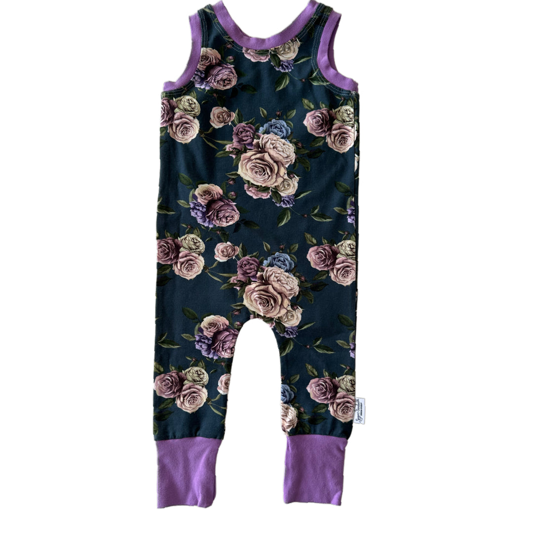 CLEARANCE Green Purple Floral Snap-free Harem Rompers