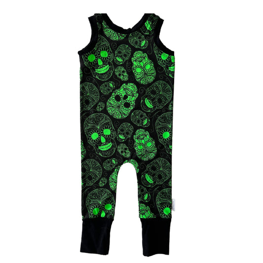 CLEARANCE Green Skulls Snap-free Harem Rompers