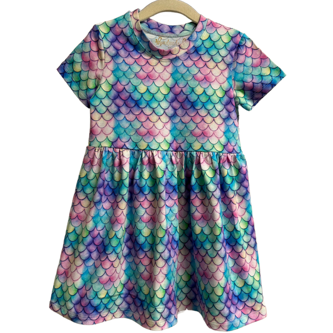 Mermaid Scales Jewel Tones Short Sleeve Play Date Dress Stretch Knit