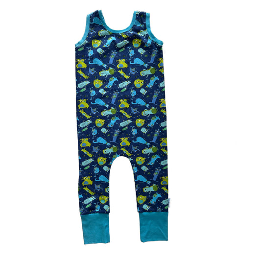 CLEARANCE blue Monsters Snap-free Harem Rompers