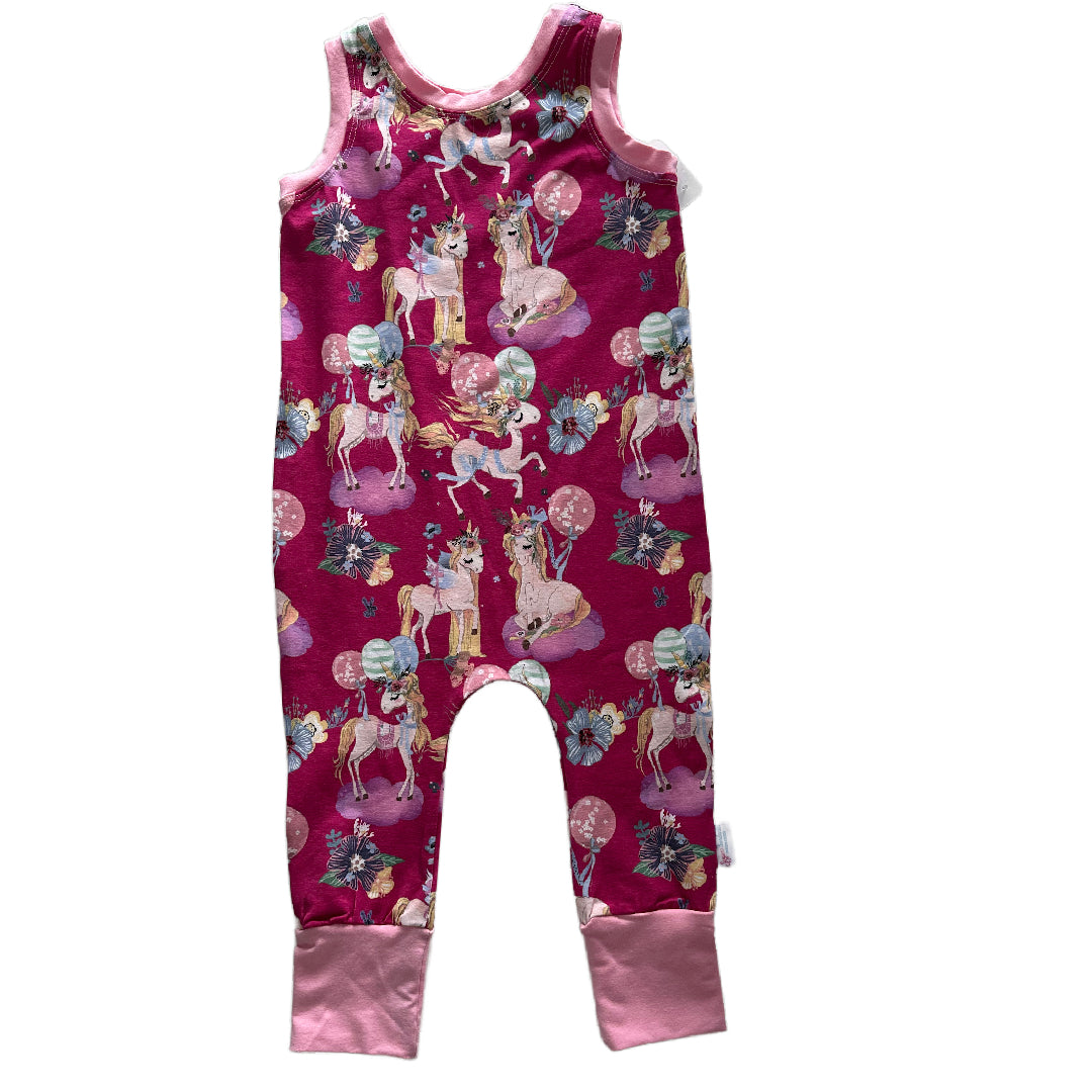 CLEARANCE Pink Unicorns Snap-free Harem Rompers