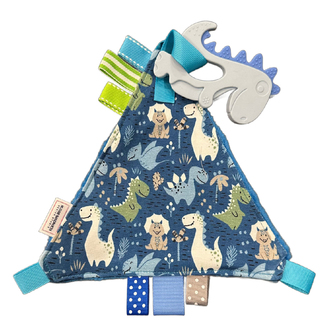 Blue Dinosaur Triangle Shaped Crinkle Toy with Soother Clip Silicone Teether Food-safe Pendant