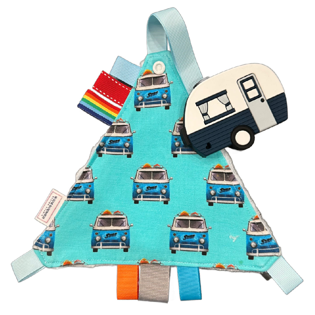 Camper Van Triangle Shaped Crinkle Toy with Soother Clip Silicone Teether Food-safe Pendant