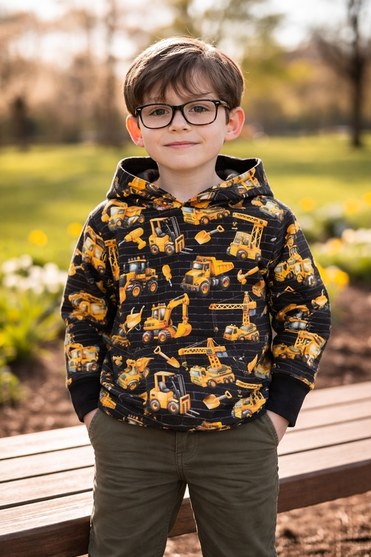 Black and Gold Construction Vehicles Print Hooded T-shirt