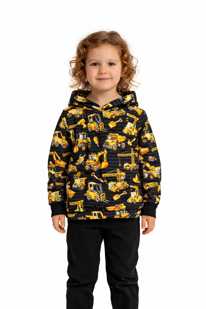 Black and Gold Construction Vehicles Print Hooded T-shirt
