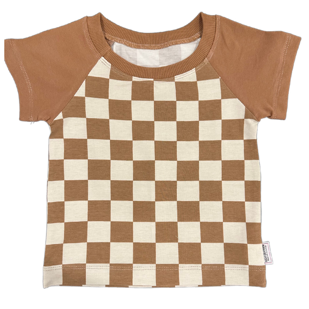 Caramel Checkerboard T-shirt Tee Raglan Short Sleeve