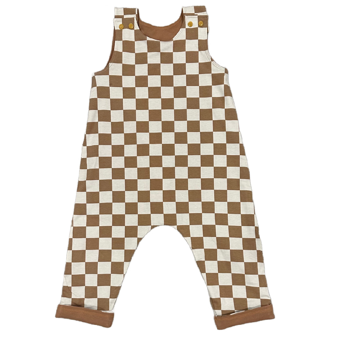 CLEARANCE Brown Checkered Snap Shoulder Long Leg Romper