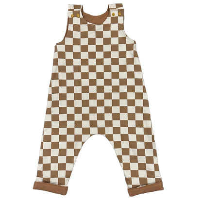 CLEARANCE Brown Checkered Snap Shoulder Long Leg Romper
