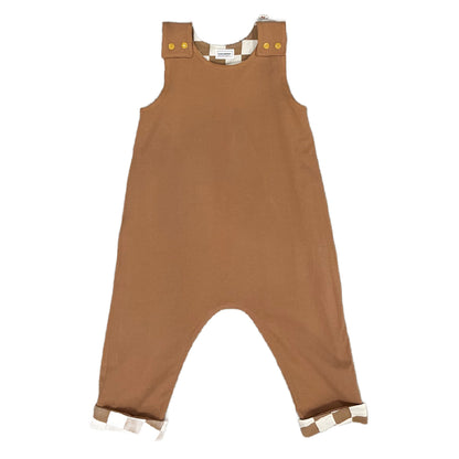 CLEARANCE Brown Checkered Snap Shoulder Long Leg Romper