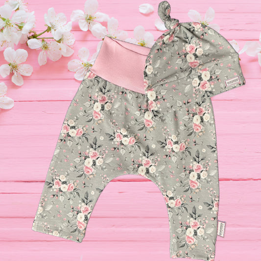 Pink Rosebud Harem Pants & Top Knot Hat 2-piece Set