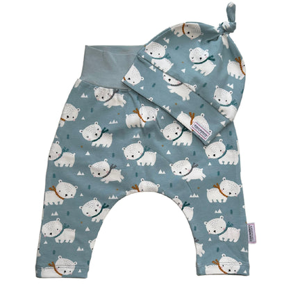 Cute Polar Bears Harem Pants & Top Knot Hat Organic Cotton  2-piece Set