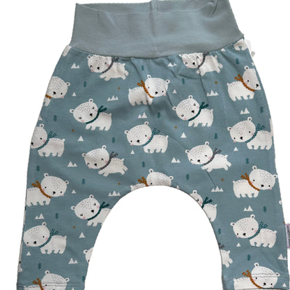 Lindo conjunto de 2 piezas de algodón orgánico con pantalones harén y gorro con nudo superior con osos polares