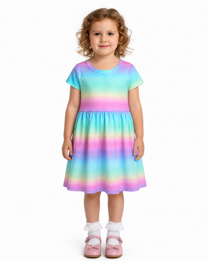 Rainbow Short Sleeve Play Date Dress Stretch Knit