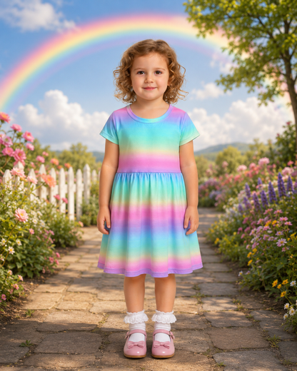Rainbow Short Sleeve Play Date Dress Stretch Knit