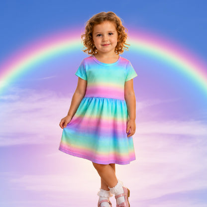 Rainbow Short Sleeve Play Date Dress Stretch Knit