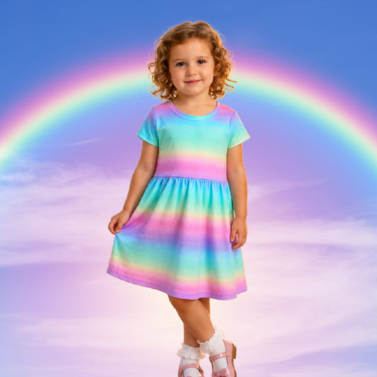 Rainbow Short Sleeve Play Date Dress Stretch Knit