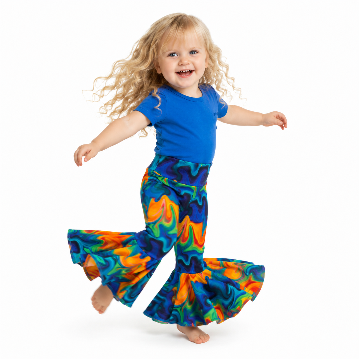 Dark Blue Vibrant Rainbow Twirly Circle Bell Pants