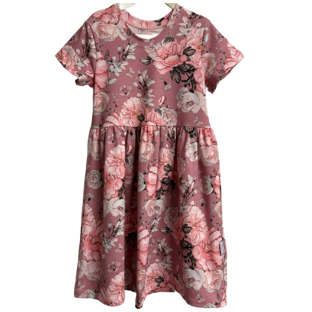 Pink Roses Short Sleeve Play Date Dress Stretch Knit